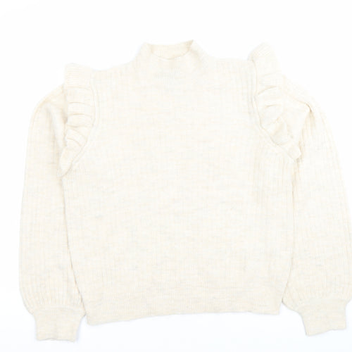 New Look Womens Beige Mock Neck Ruffle Jumper Size 14