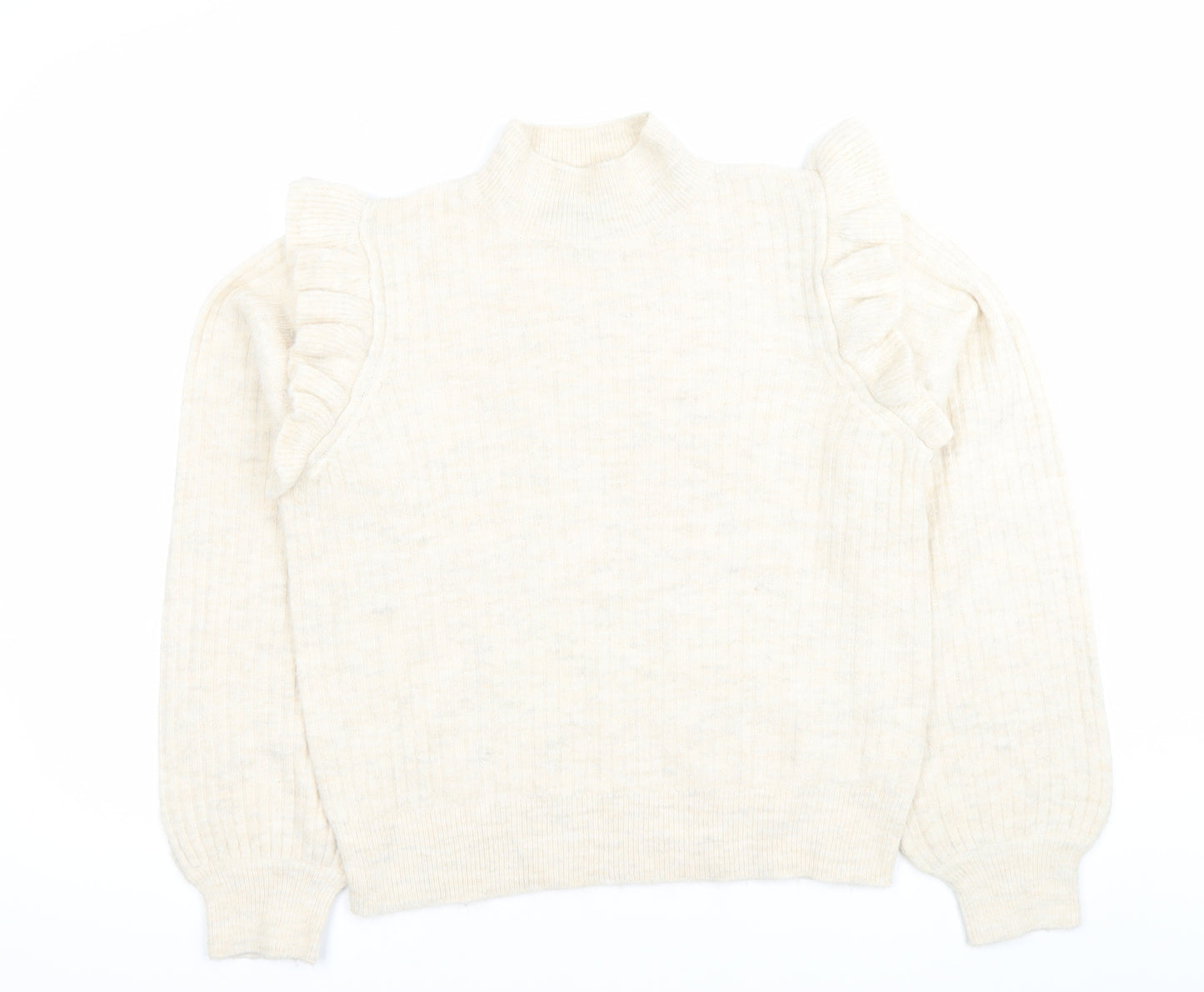 New Look Womens Beige Mock Neck Ruffle Jumper Size 14