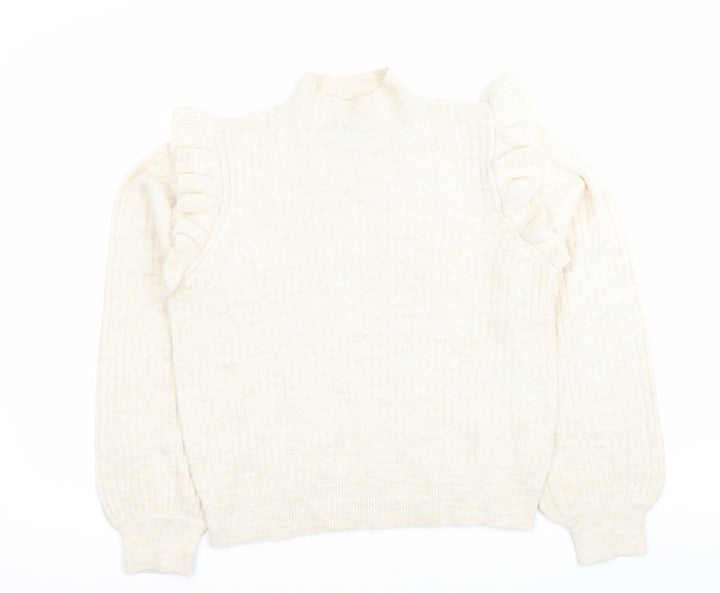 New Look Womens Beige Mock Neck Ruffle Jumper Size 14