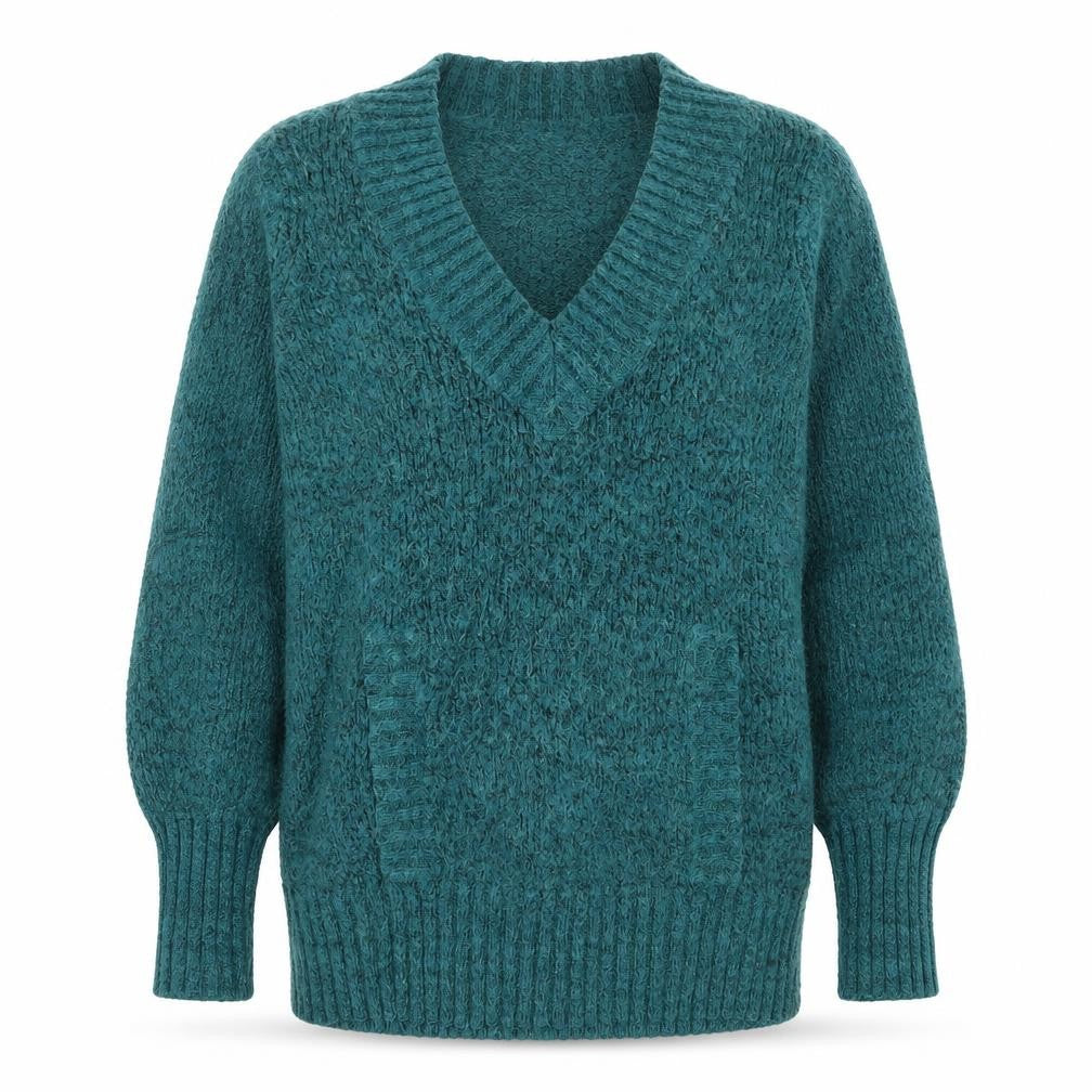 Front view of Jeffrey and Paula women’s green v-neck long sleeve jumper, size UK 12