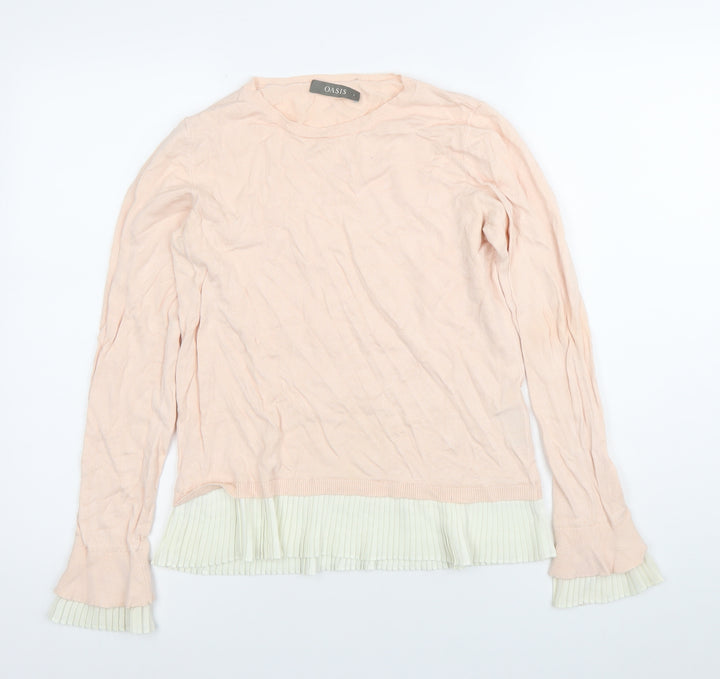 Oasis Womens Pink Pleated Hem Crew Neck Long Sleeve Jumper Size S