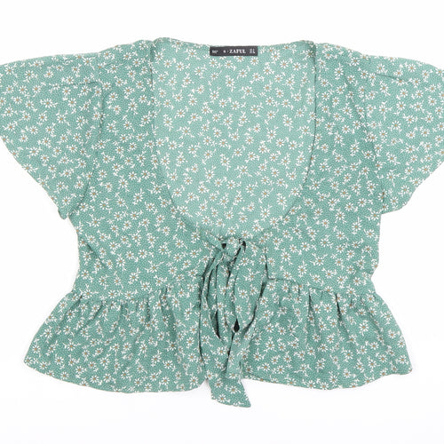 Zaful Women’s Green Floral Wrap Blouse Size 8 Tie Waist Summer Top