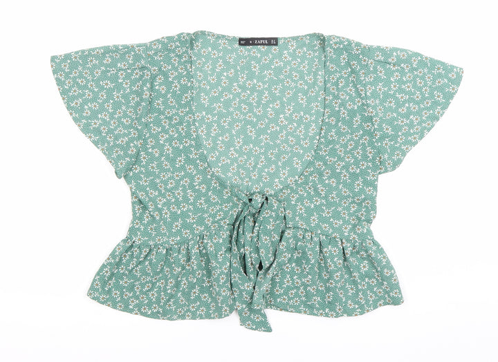 Zaful Women’s Green Floral Wrap Blouse Size 8 Tie Waist Summer Top