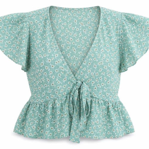 Zaful Women’s Green Floral Wrap Blouse Size 8 Tie Waist Summer Top