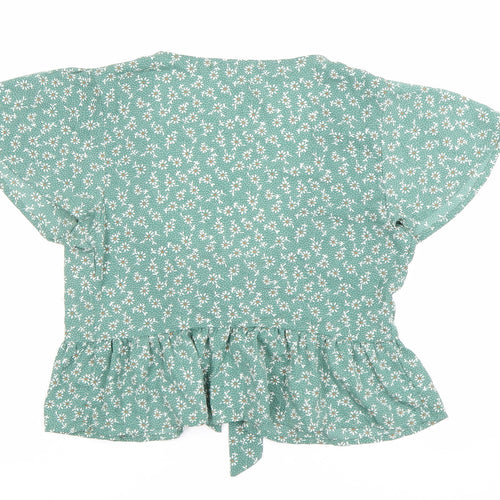 Zaful Women’s Green Floral Wrap Blouse Size 8 Tie Waist Summer Top