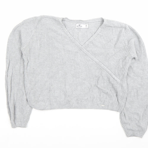 Hollister Womens Grey XS Wrap V-Neck Knit Jumper Long Sleeve
