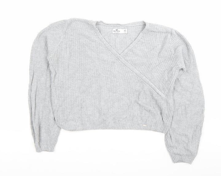 Hollister Womens Grey XS Wrap V-Neck Knit Jumper Long Sleeve