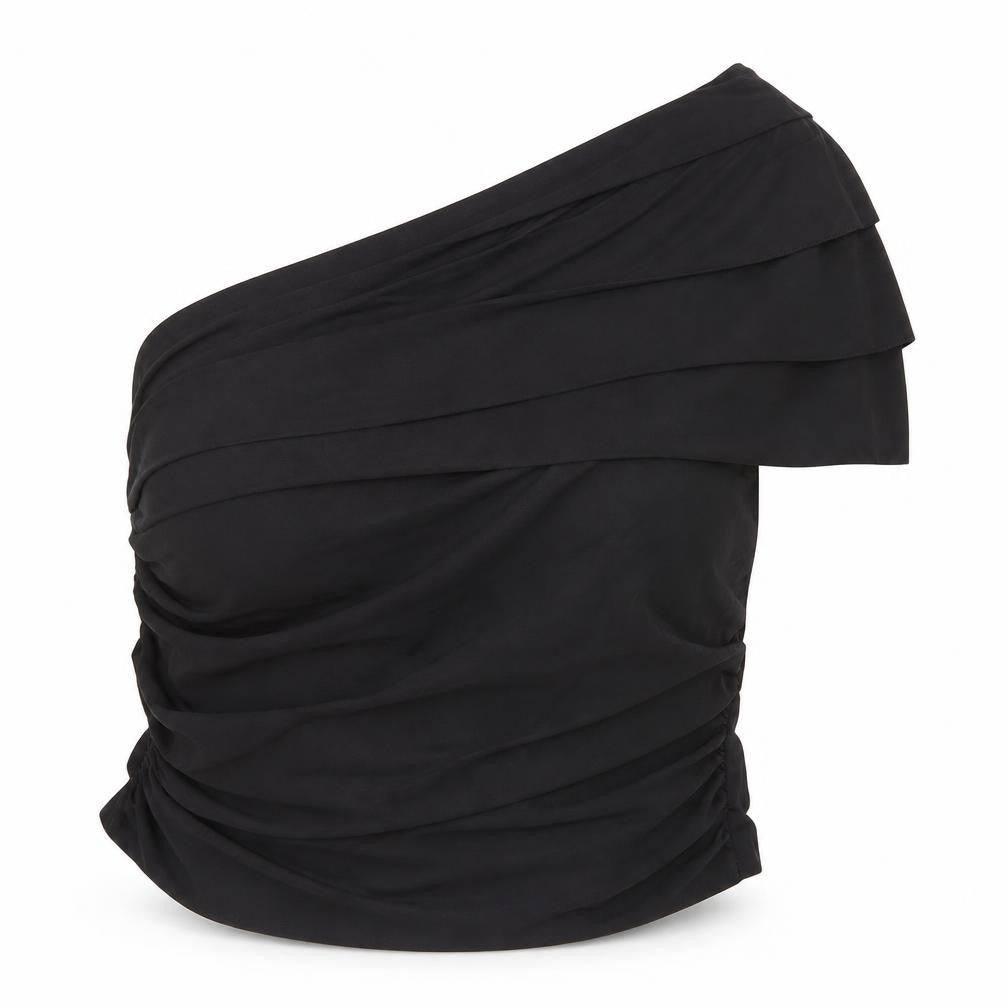 Front view of Zara Women Black One Shoulder Ruffle Blouse, size 8 Slim, Fit