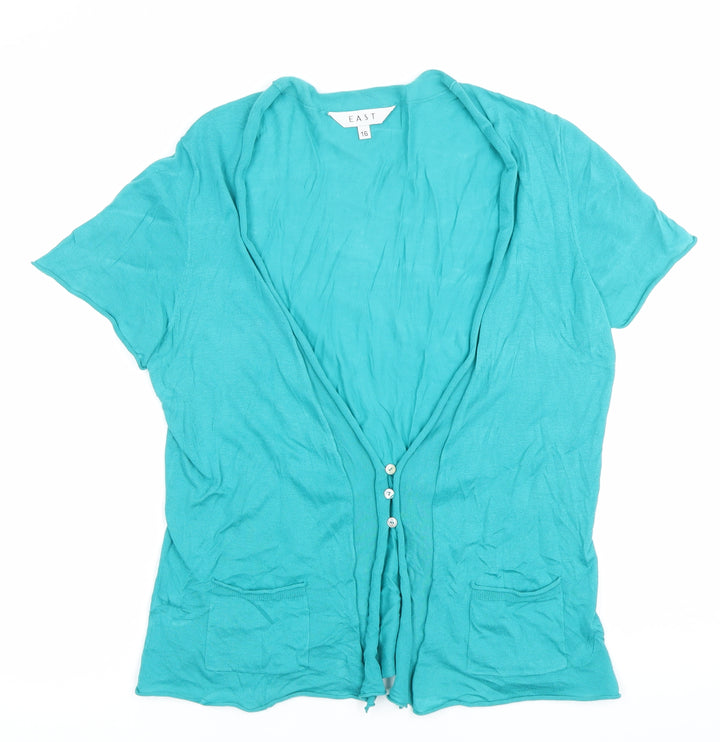 East Women’s Green Cotton Tunic Blouse Size 16 V-Neck Short Sleeve