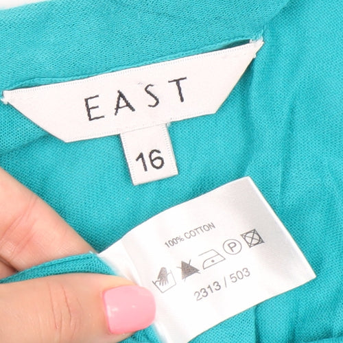 East Women’s Green Cotton Tunic Blouse Size 16 V-Neck Short Sleeve