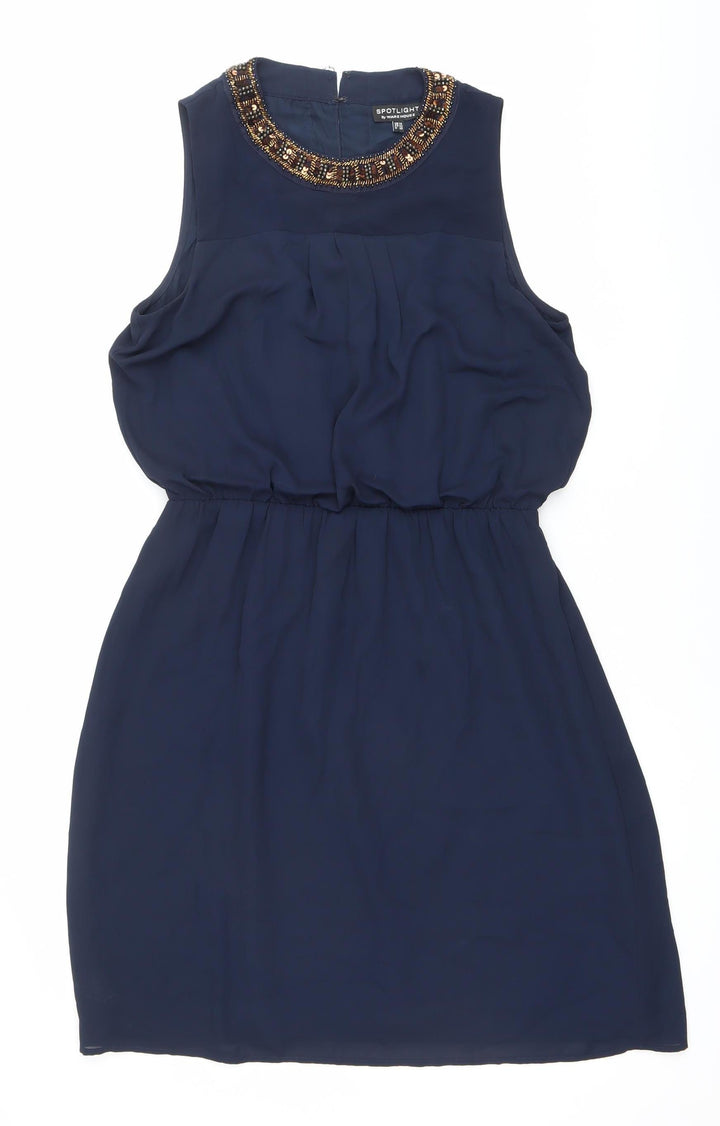 Warehouse Womens Blue Beaded Shift Dress UK 14 Knee Length Sleeveless