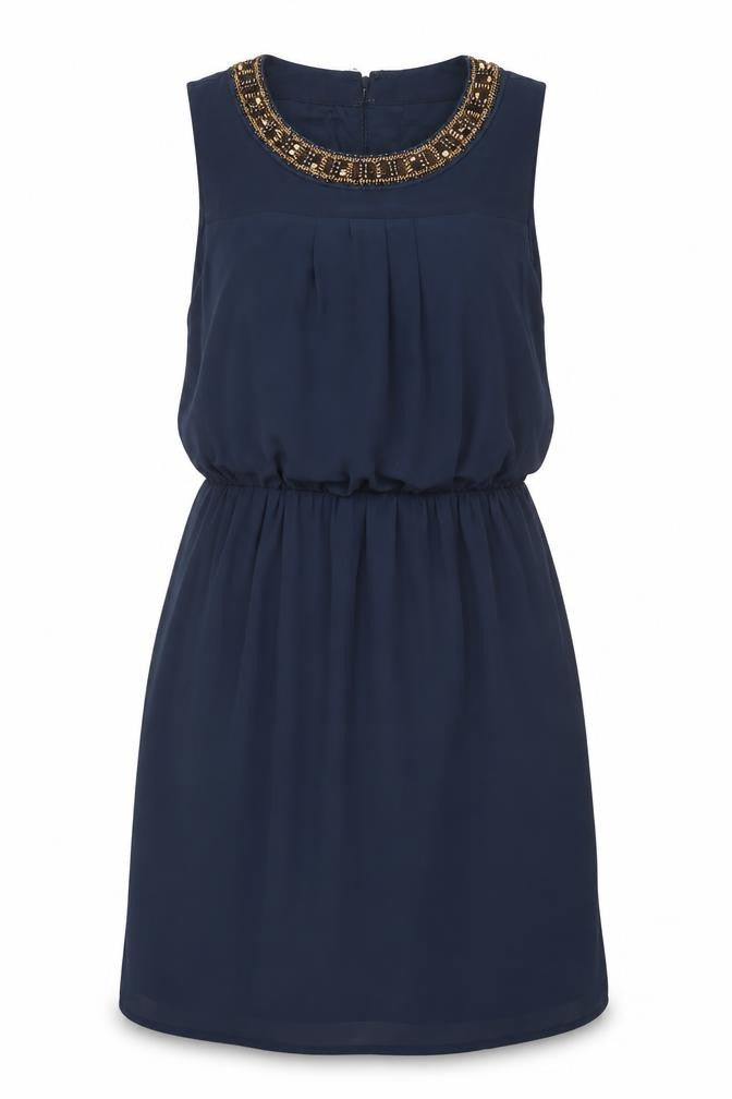 Warehouse Womens Blue Beaded Shift Dress UK 14 Knee Length Sleeveless