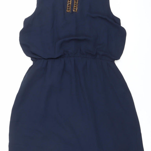 Warehouse Womens Blue Beaded Shift Dress UK 14 Knee Length Sleeveless