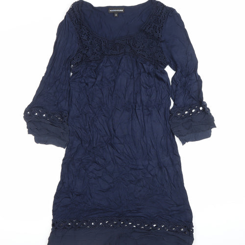 Warehouse Women's Blue Size 8 Shift Dress Lace 3/4 Sleeve Scoop Neck