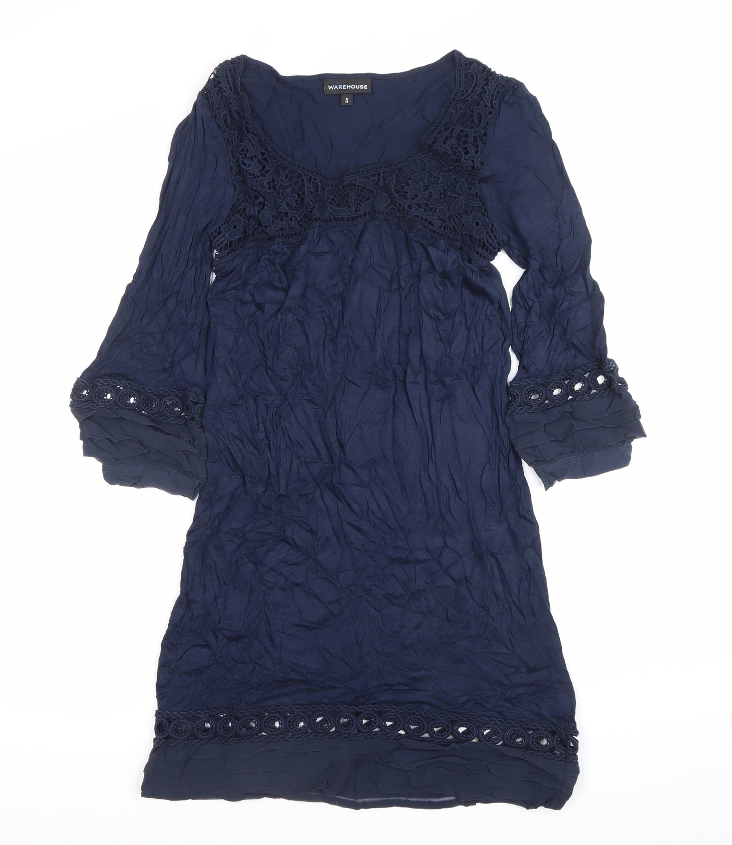 Warehouse Women's Blue Size 8 Shift Dress Lace 3/4 Sleeve Scoop Neck