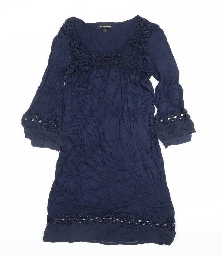 Warehouse Women's Blue Size 8 Shift Dress Lace 3/4 Sleeve Scoop Neck