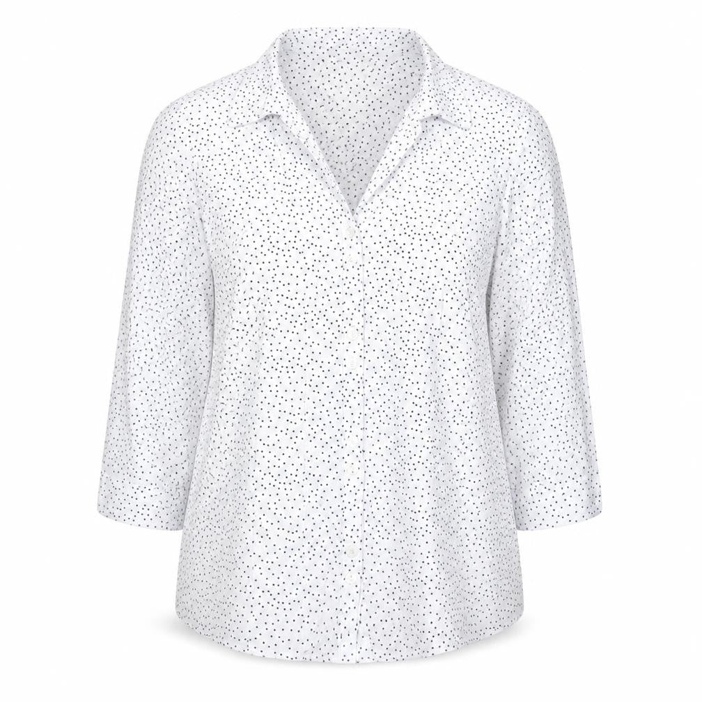 Front view of M&Co women’s white polka dot button-up shirt, size UK 18, 3/4 sleeve