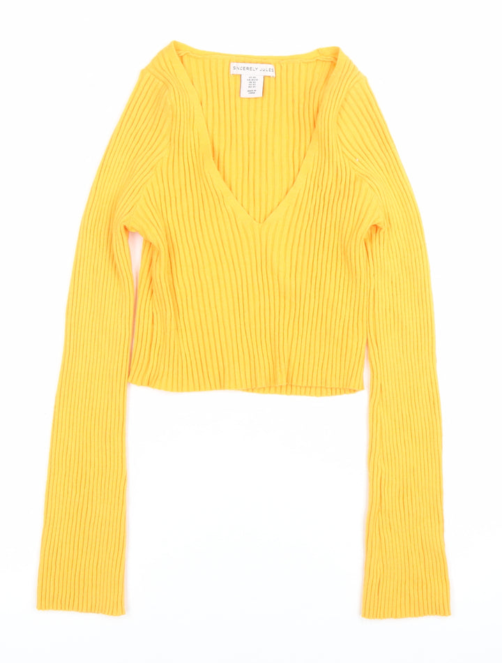 Sincerely Jules Womens Yellow V-Neck Ribbed Knit Jumper XS