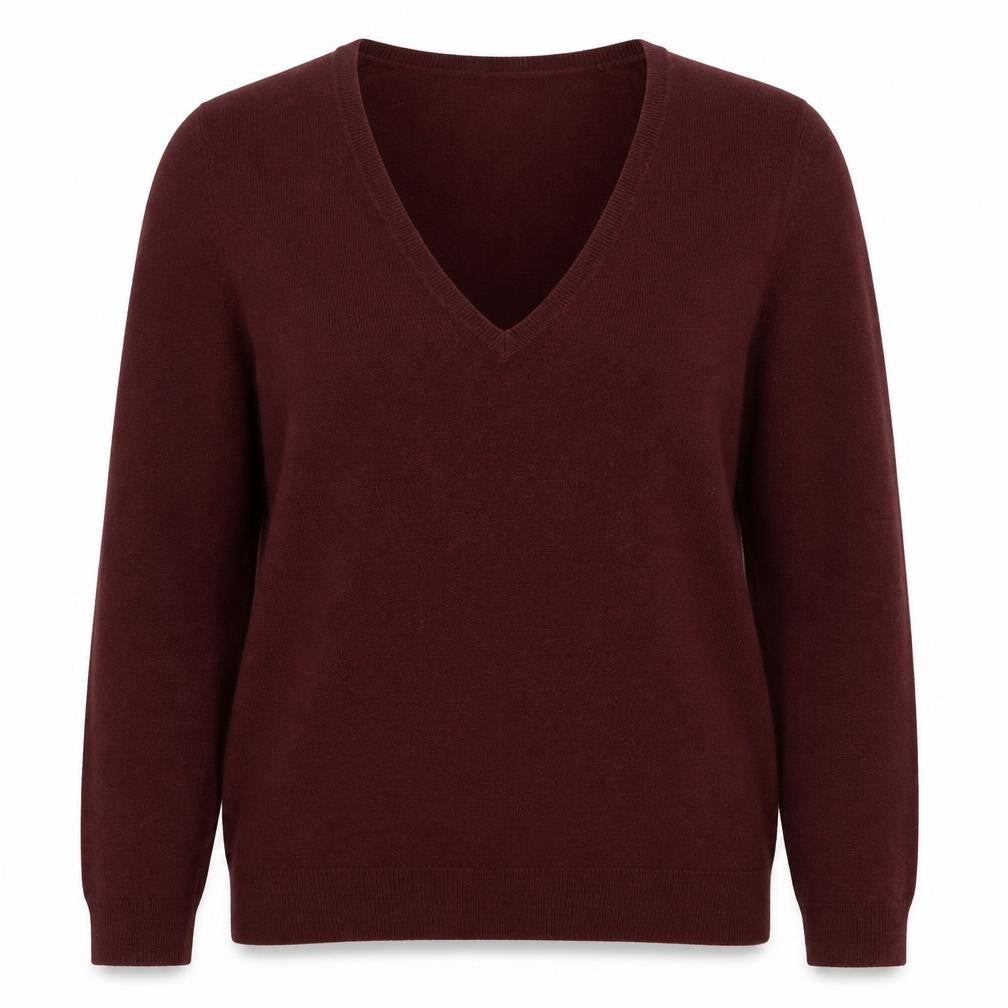 Front view of Marks & Spencer women’s red, size UK 8, v-neck long sleeve jumper