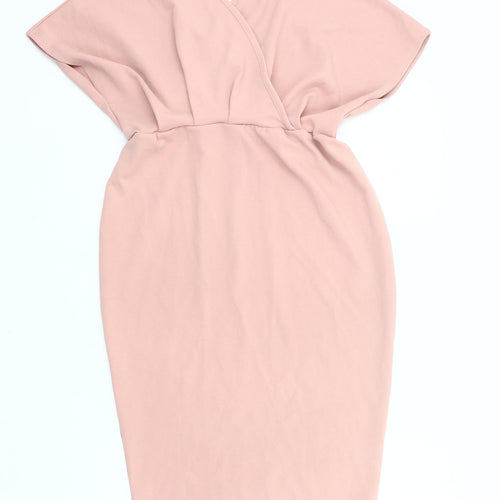 Boohoo Women’s Pink Wrap Dress Size 12 V-Neck Knee Length