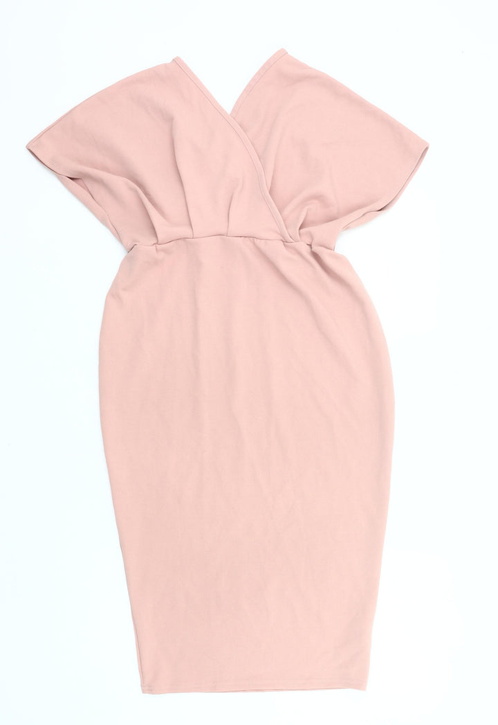 Boohoo Women’s Pink Wrap Dress Size 12 V-Neck Knee Length