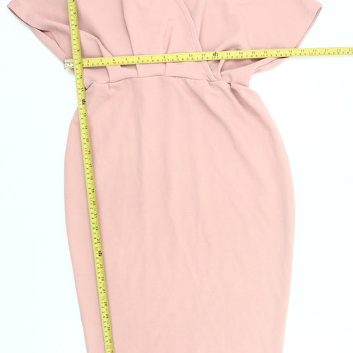 Boohoo Women’s Pink Wrap Dress Size 12 V-Neck Knee Length