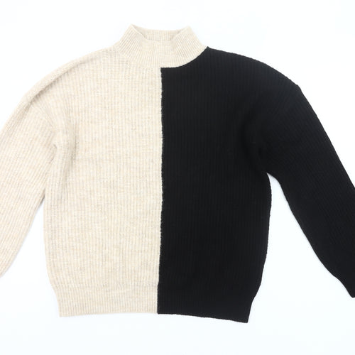 New Look Women’s Beige Black Mock Neck Ribbed Knit Pullover Jumper M