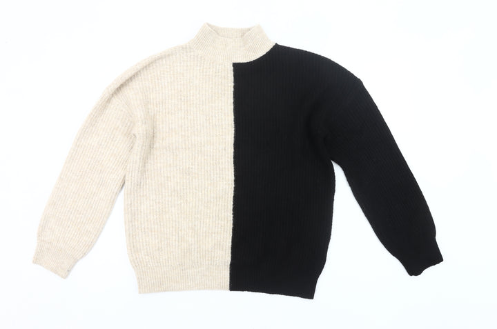 New Look Women’s Beige Black Mock Neck Ribbed Knit Pullover Jumper M