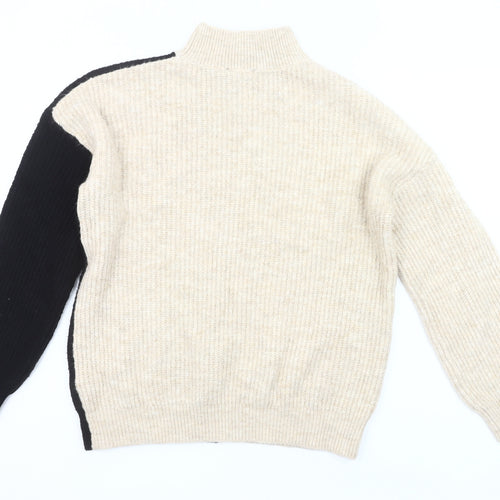 New Look Women’s Beige Black Mock Neck Ribbed Knit Pullover Jumper M