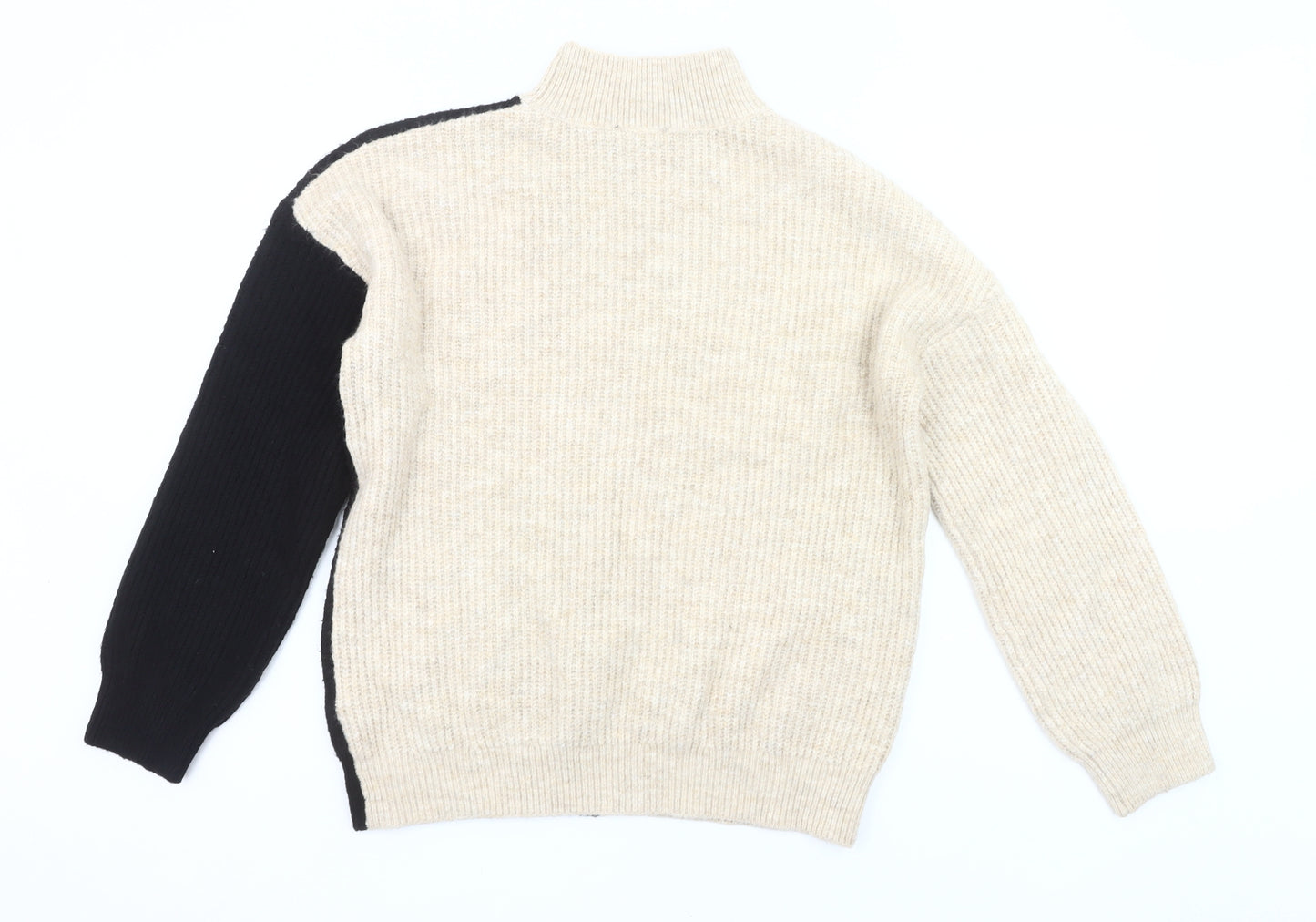 New Look Women’s Beige Black Mock Neck Ribbed Knit Pullover Jumper M