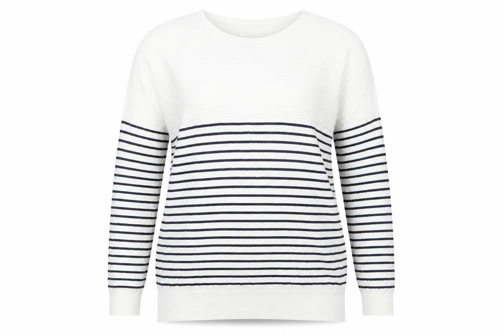 Front view of Linea Weekend women’s white navy striped jumper l crew neck knit