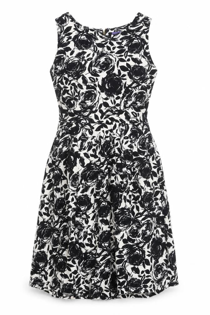 Autonomy Womens Black White Floral Fit & Flare Dress Size 10