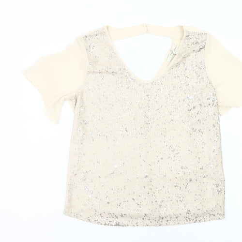 Next Womens Beige Sequin V-Neck Party T-Shirt Size 12