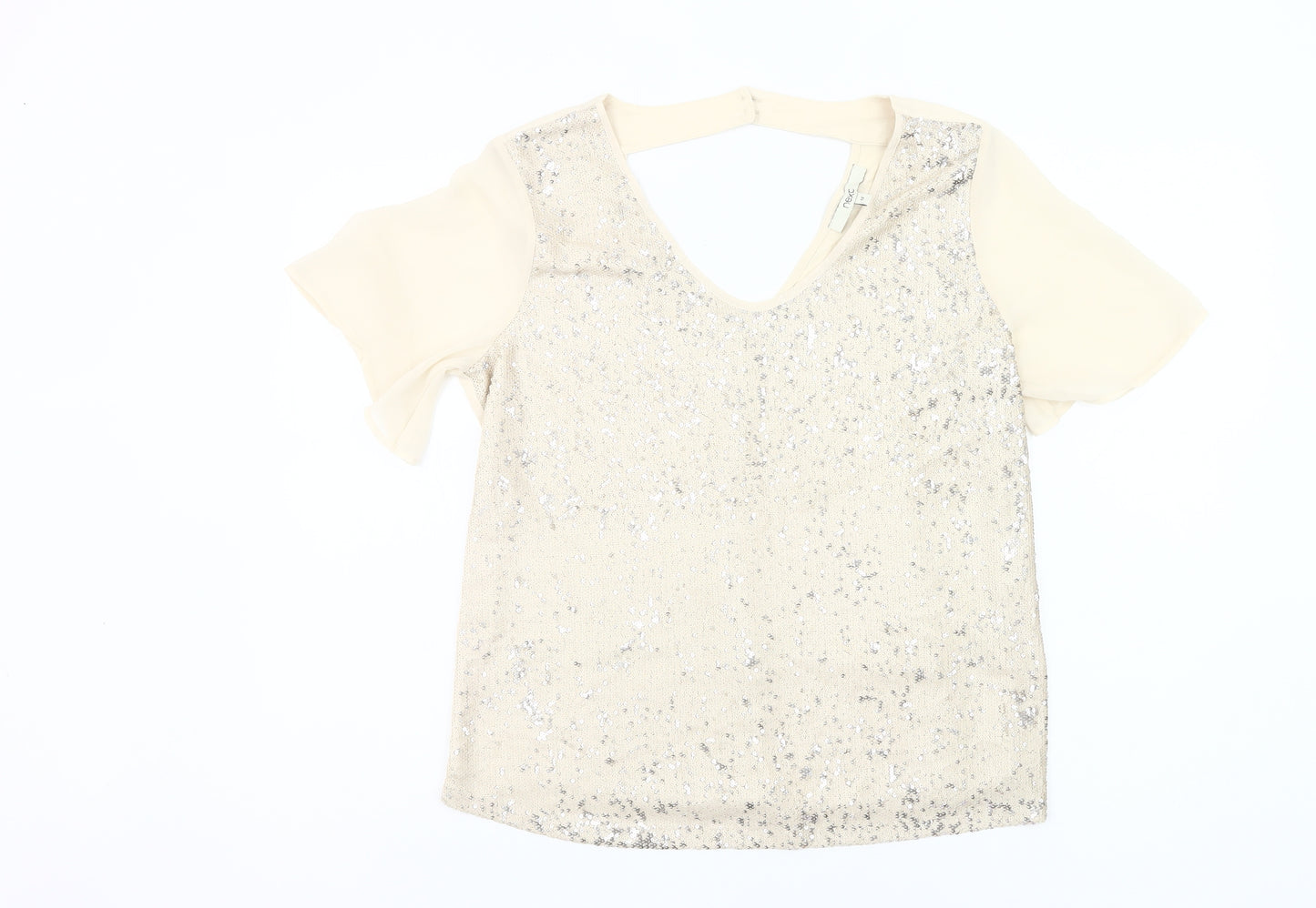 Next Womens Beige Sequin V-Neck Party T-Shirt Size 12