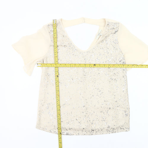Next Womens Beige Sequin V-Neck Party T-Shirt Size 12