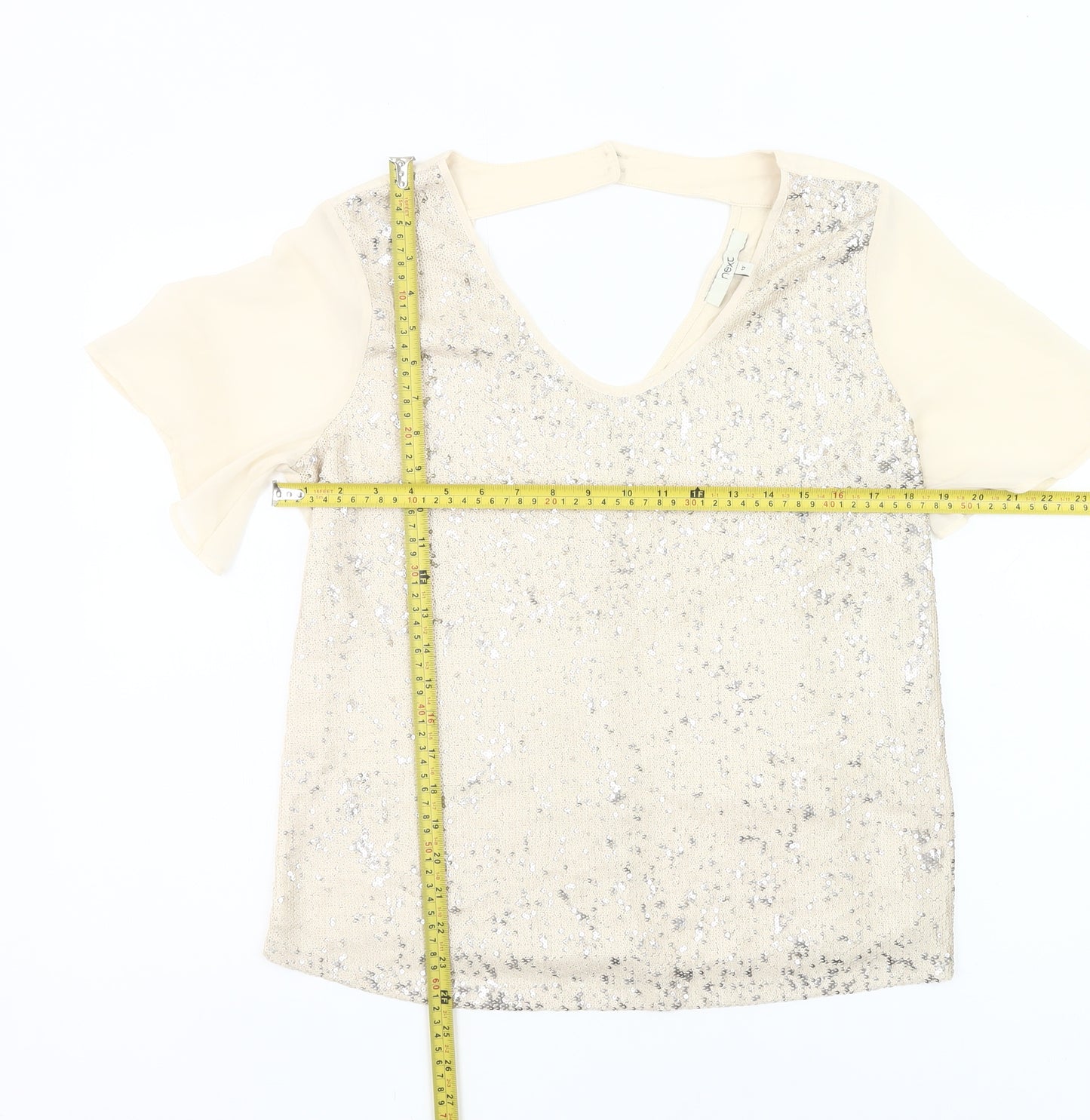 Next Womens Beige Sequin V-Neck Party T-Shirt Size 12