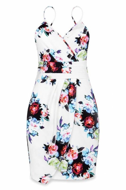 Front view of Missi London women’s multicoloured floral bodycon dress, size UK 12