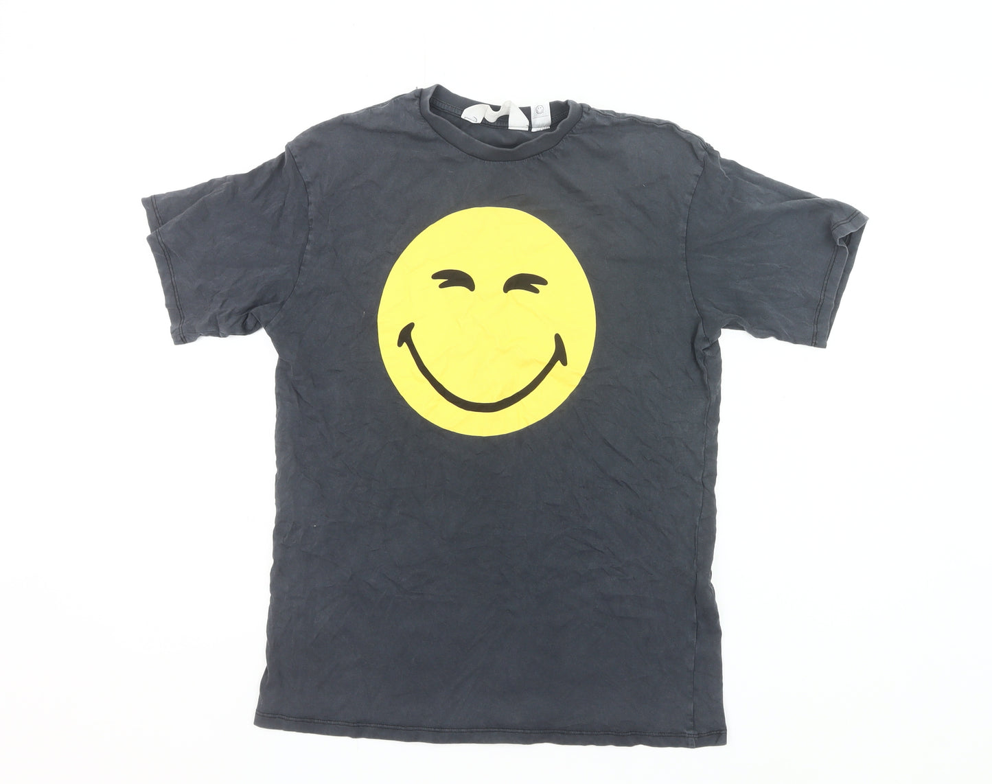 H&M Boys Black Smiley Face Graphic T-Shirt 11-12Y Cotton Casual Tee