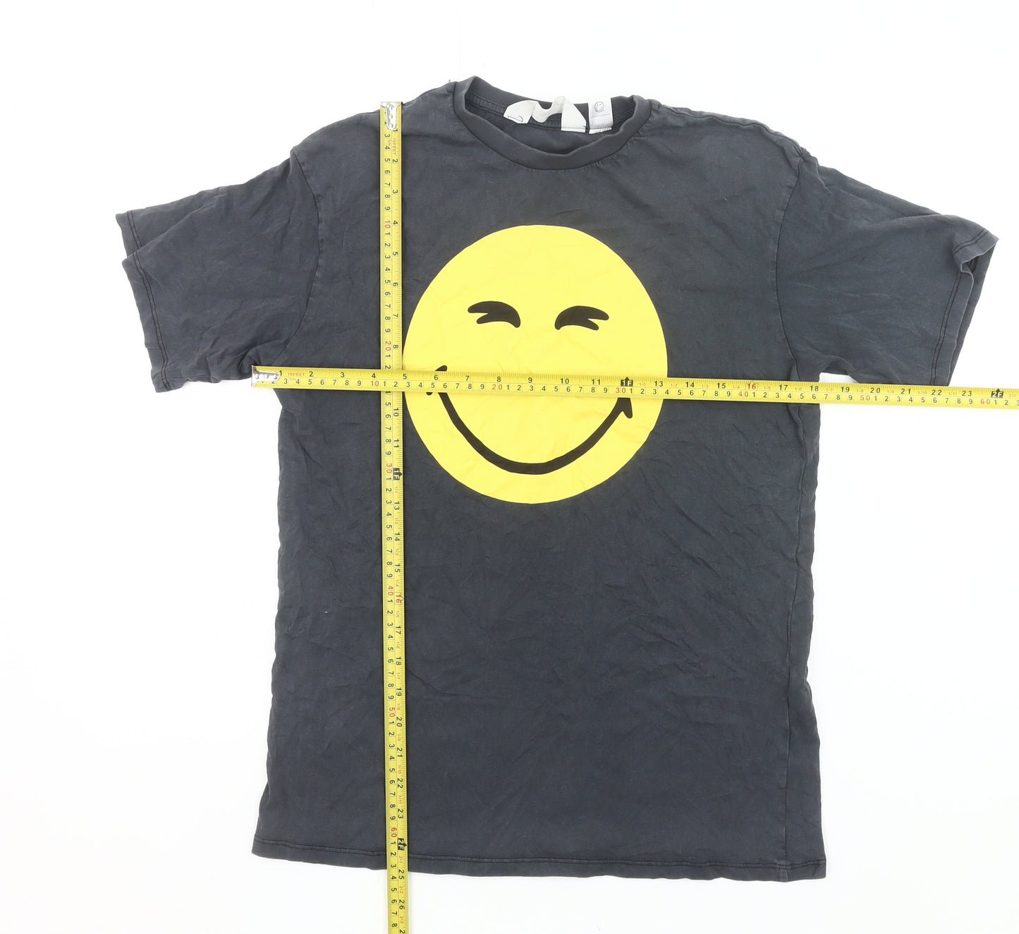 H&M Boys Black Smiley Face Graphic T-Shirt 11-12Y Cotton Casual Tee