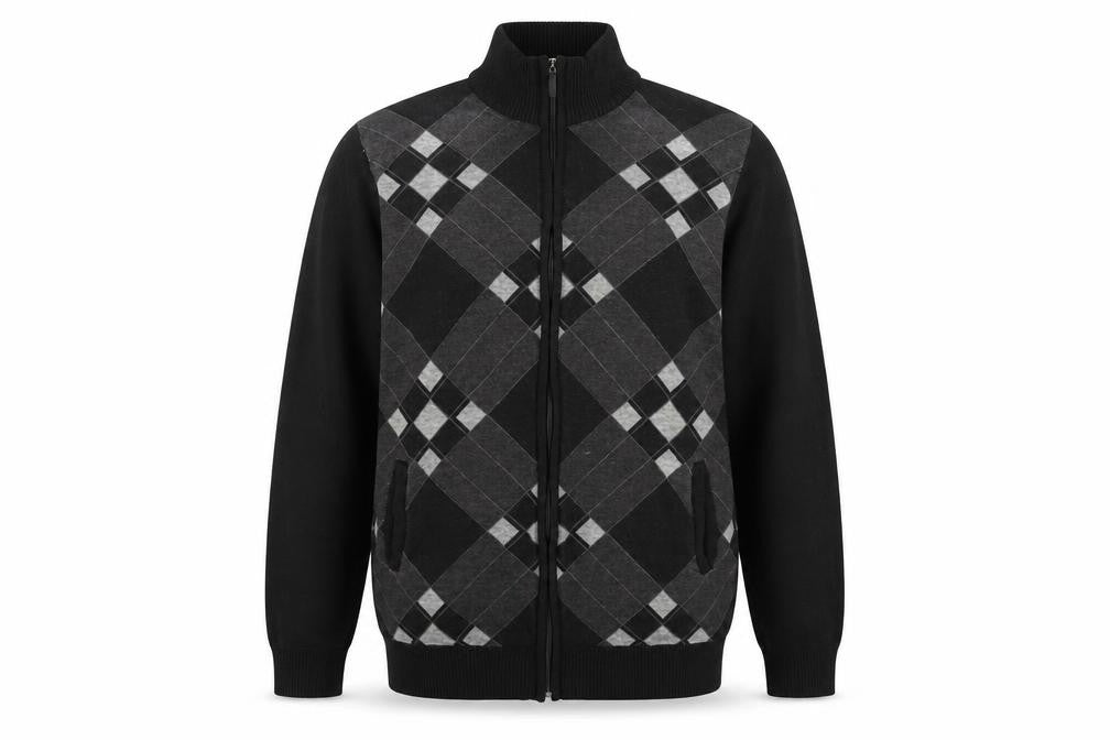 Front view of Smith & Taylor Men’s Black XL Argyle Full Zip Jumper