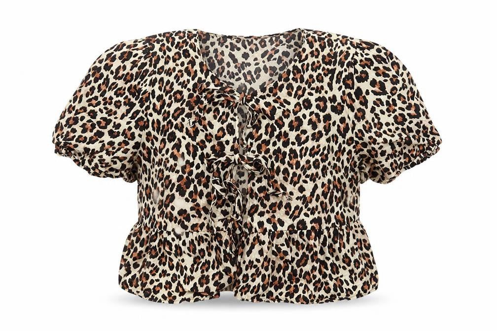 Front view of Primark Women’s Leopard Print Ruffle Blouse, size M, Tunic Style