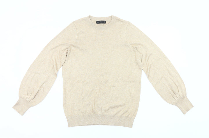 F&F Women’s Beige Jumper UK 10 Crew Neck Long Puff Sleeve Knit