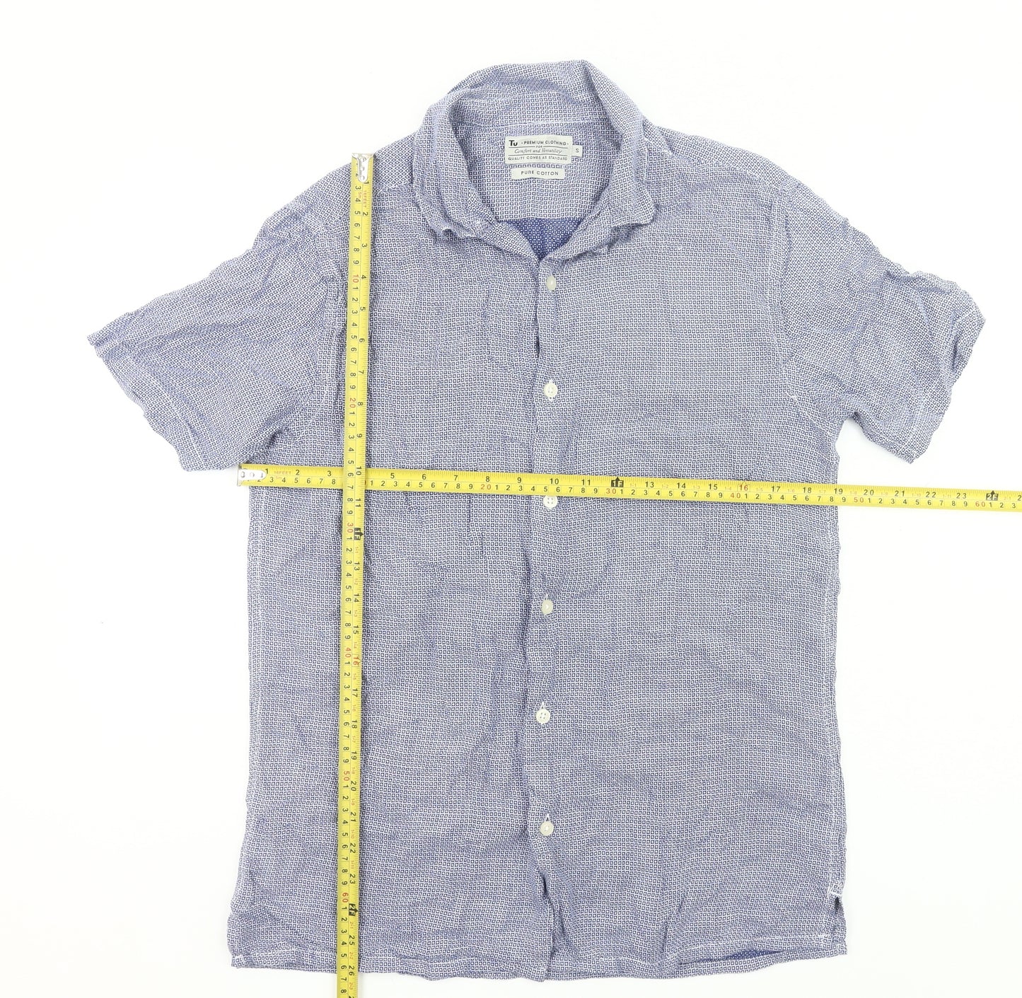 Tu Mens Blue Cotton Short Sleeve Button-Up Casual Shirt S 36-38in