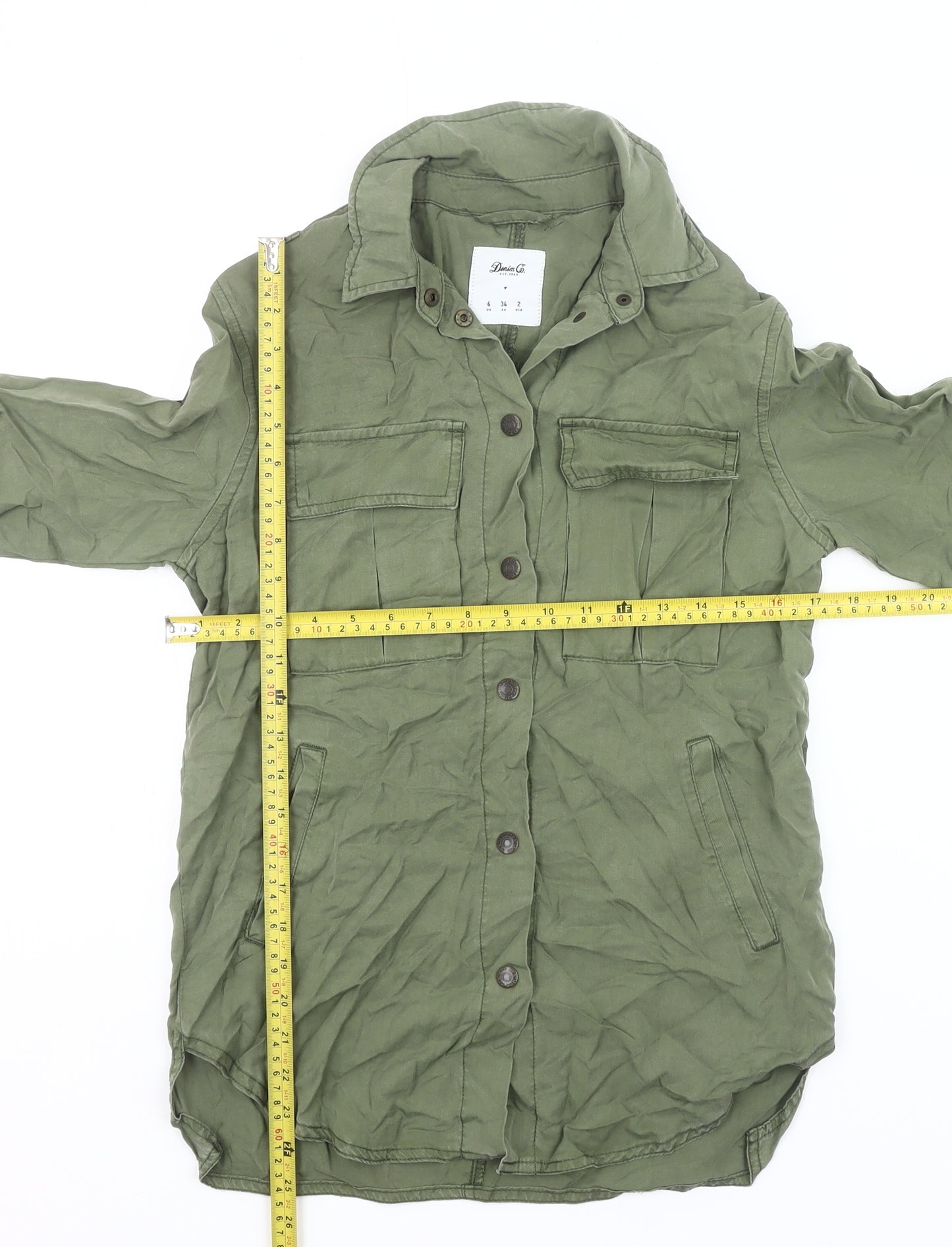 Denim Co Women’s Green Button-Up Shirt Size 6 UK Long Sleeve