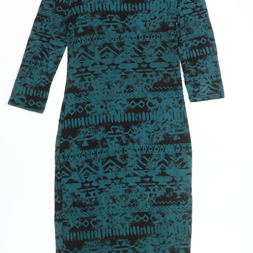 Internacionale Women’s Green Black Aztec Bodycon Dress Size 10