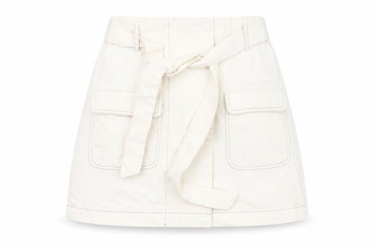 Front view of Urban Revivo women’s white cargo skirt, size UK 8, cotton pockets belted
