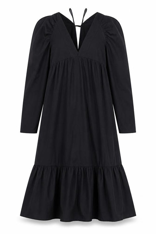 Front view of ASOS Women’s Black Midi A-Line Dress, size UK 8, Long Sleeve V-Neck