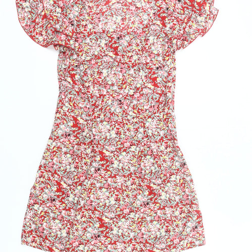 Vila Women Red Floral A-Line Short Dress Size S Summer Casual