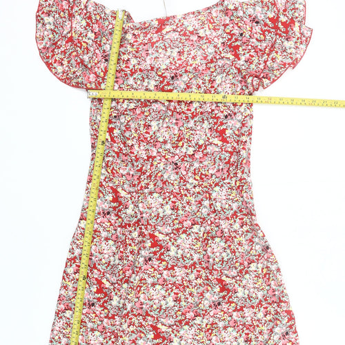 Vila Women Red Floral A-Line Short Dress Size S Summer Casual