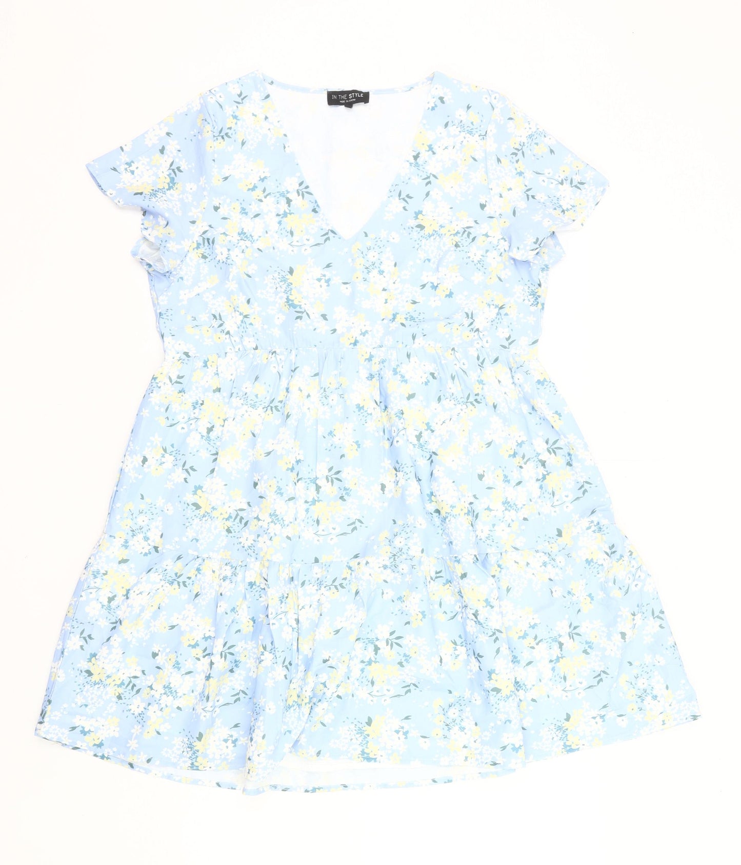 In The Style Women’s Blue Floral Skater Dress Size 12 V-Neck